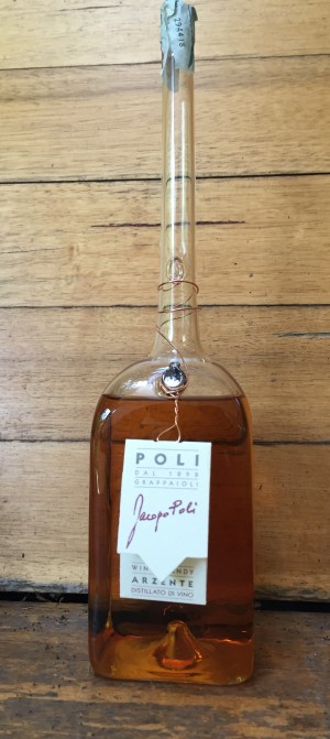 One of the delicate grappa bottles at Poli. 