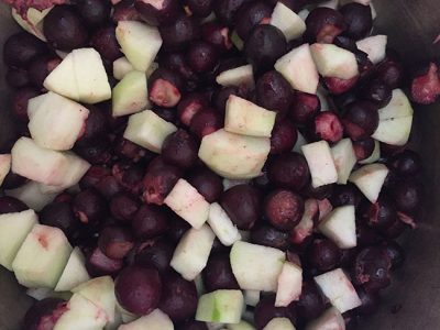 A mix of strawberry guavas and apple.