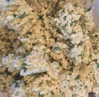 The mix, still soft but with enough breadcrumbs to be able to shape dumplings.